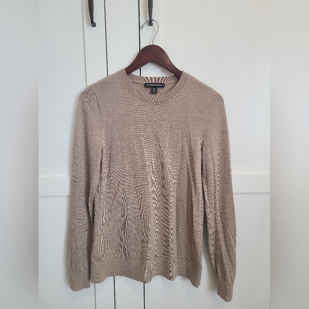 Katherine Barclay women's 100% merino lightweight sweater, tan, medium